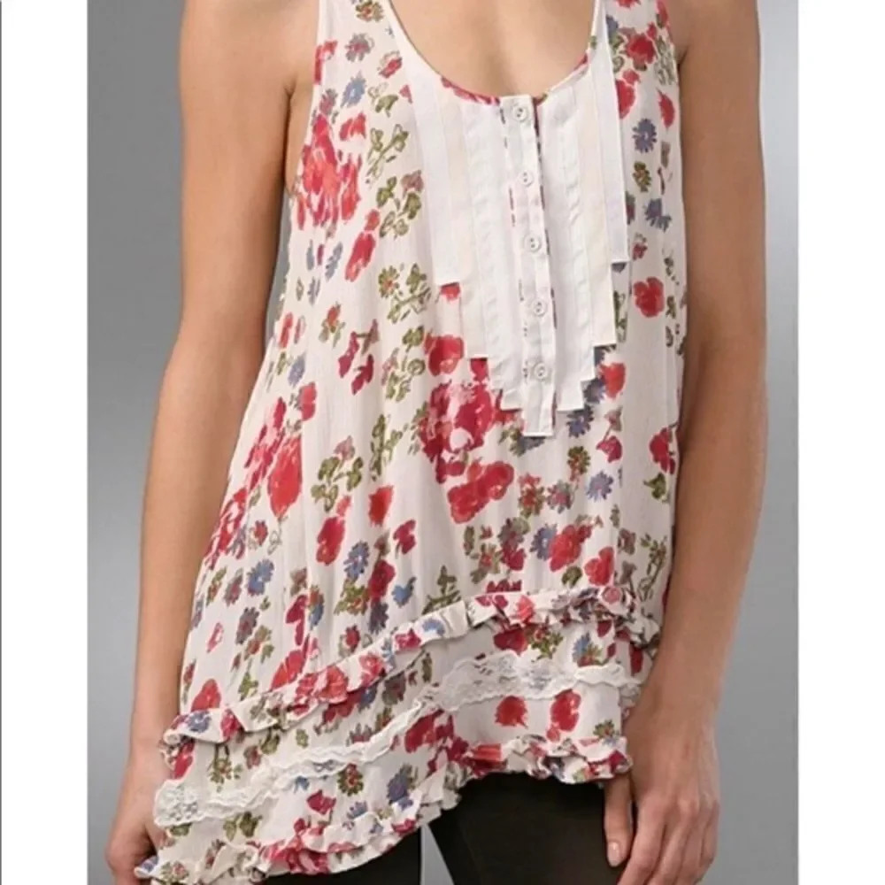 Free People Floral Ruffle Tiered racerback cream with red flowers- Size Small